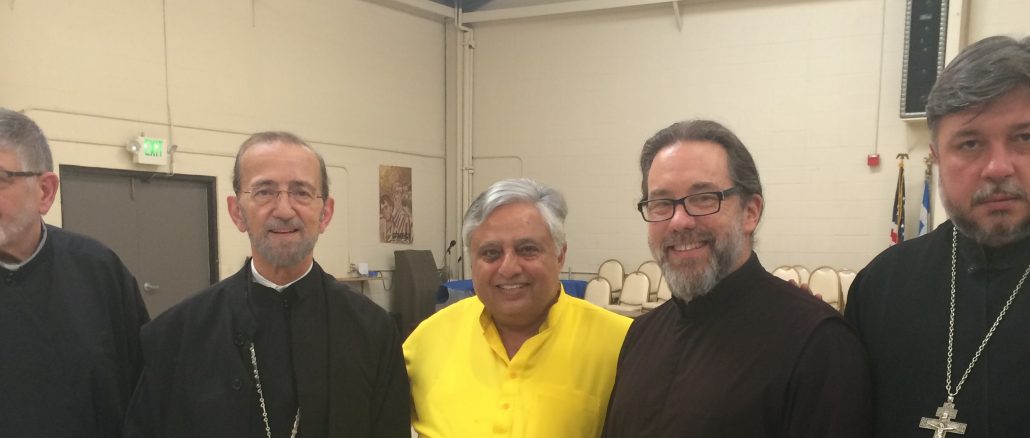 From left to right are— Retired Greek Orthodox priest George Bratiotis, Metropolitan Gerasimos, Hindu statesman Rajan Zed, Reno St. Anthony Greek Orthodox Church Presiding Priest Stephen Karcher, Russian Orthodox priest Father Oleg.